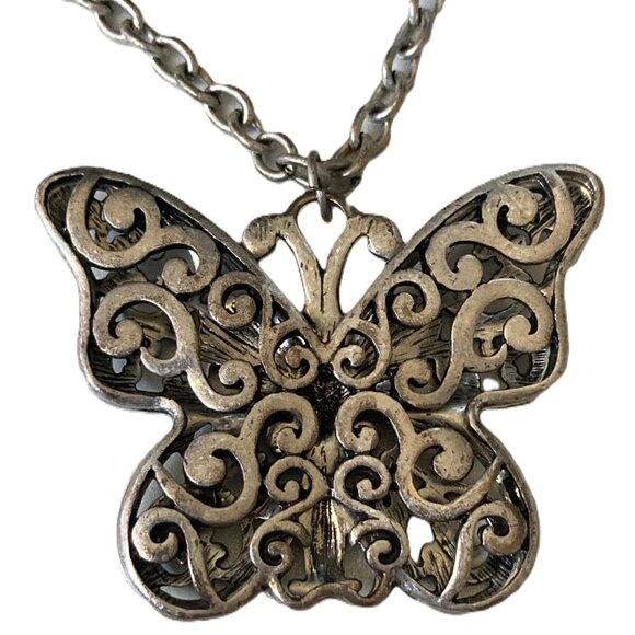 Opera Necklace Silver Tone Chain Butterfly Pendant 28 in - Picture 2 of 7